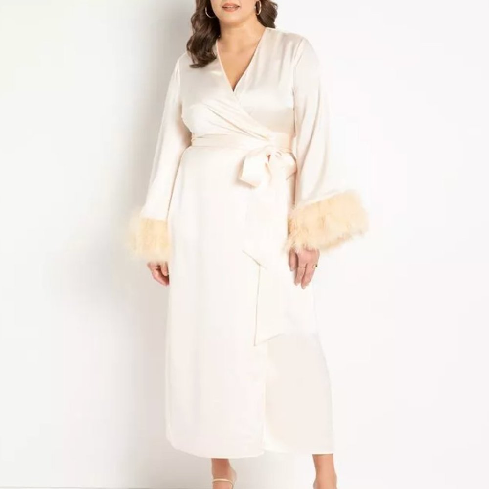 NWT 28 Eloquii Satin Maxi Dress with Feather Trim